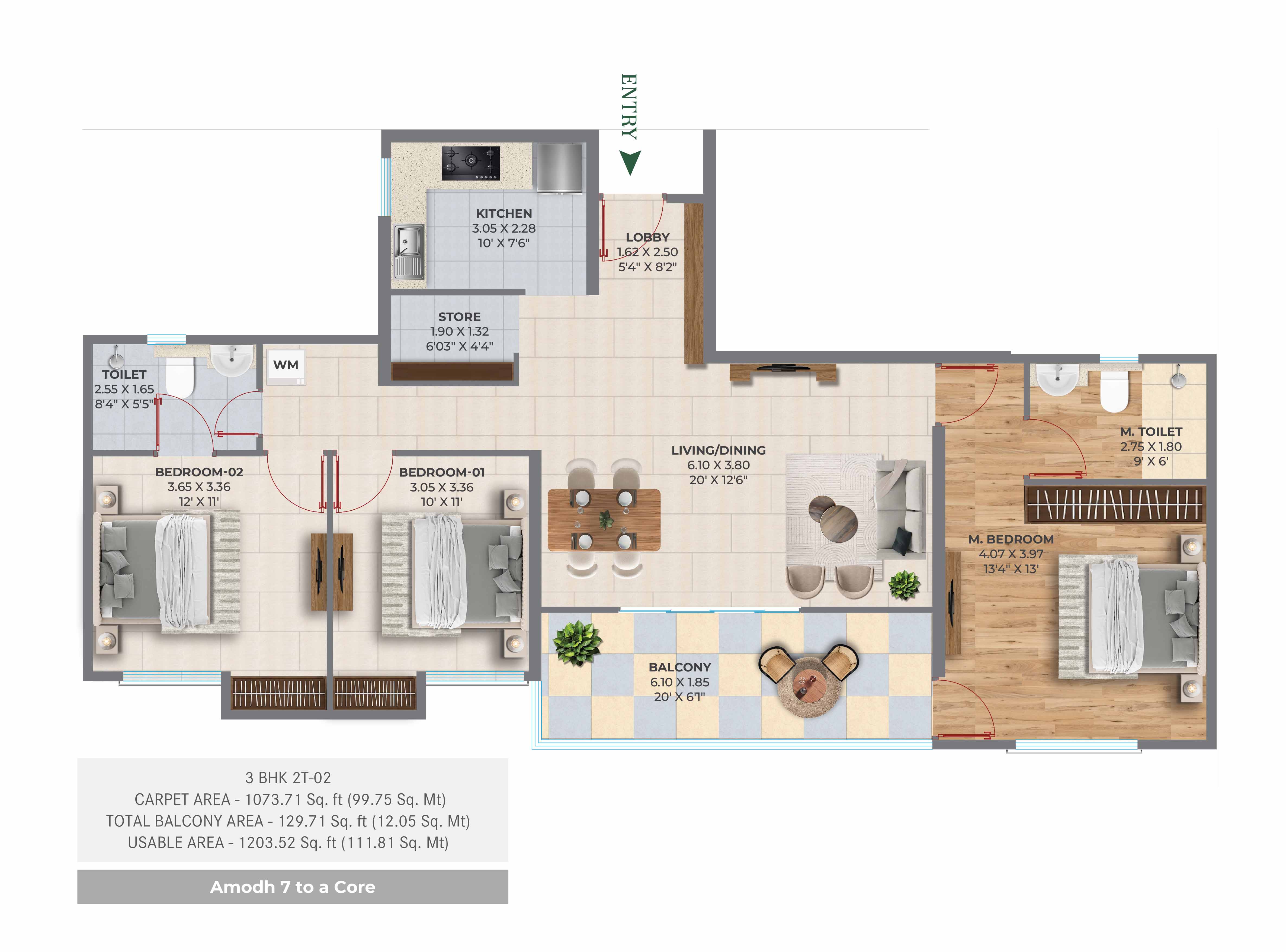 3 BHK + 3 T