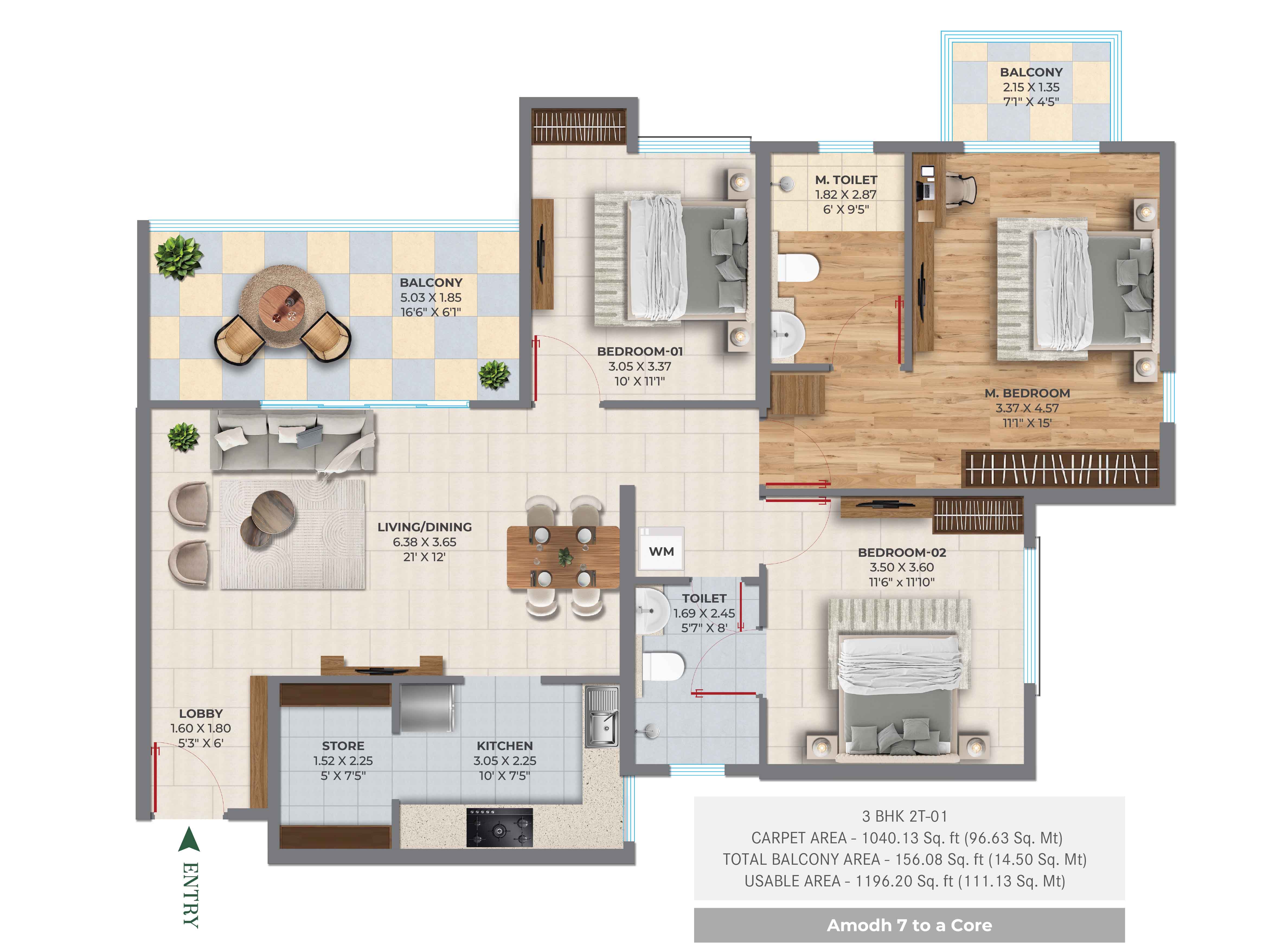 3 BHK + 2 T