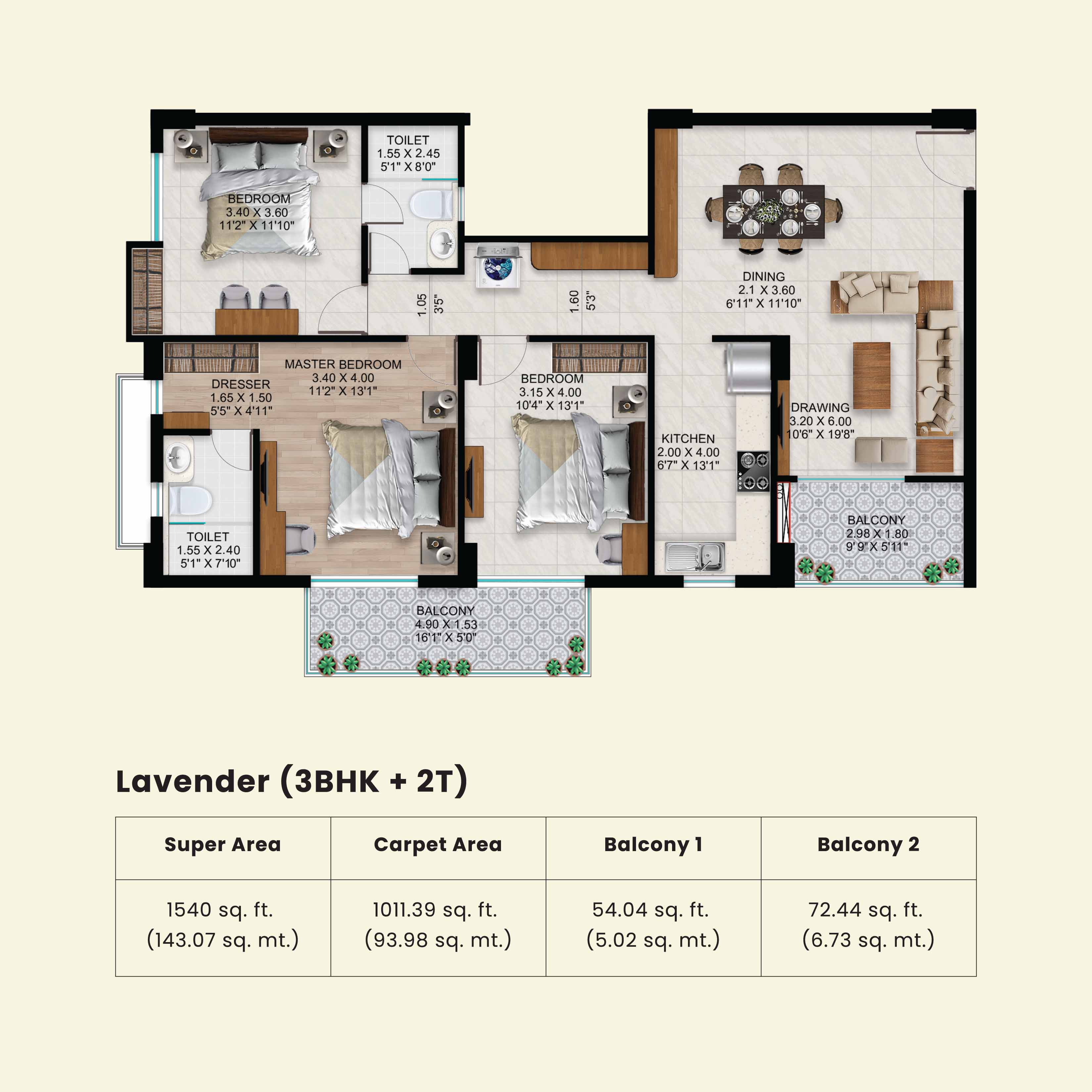 3 BHK + 2 T
