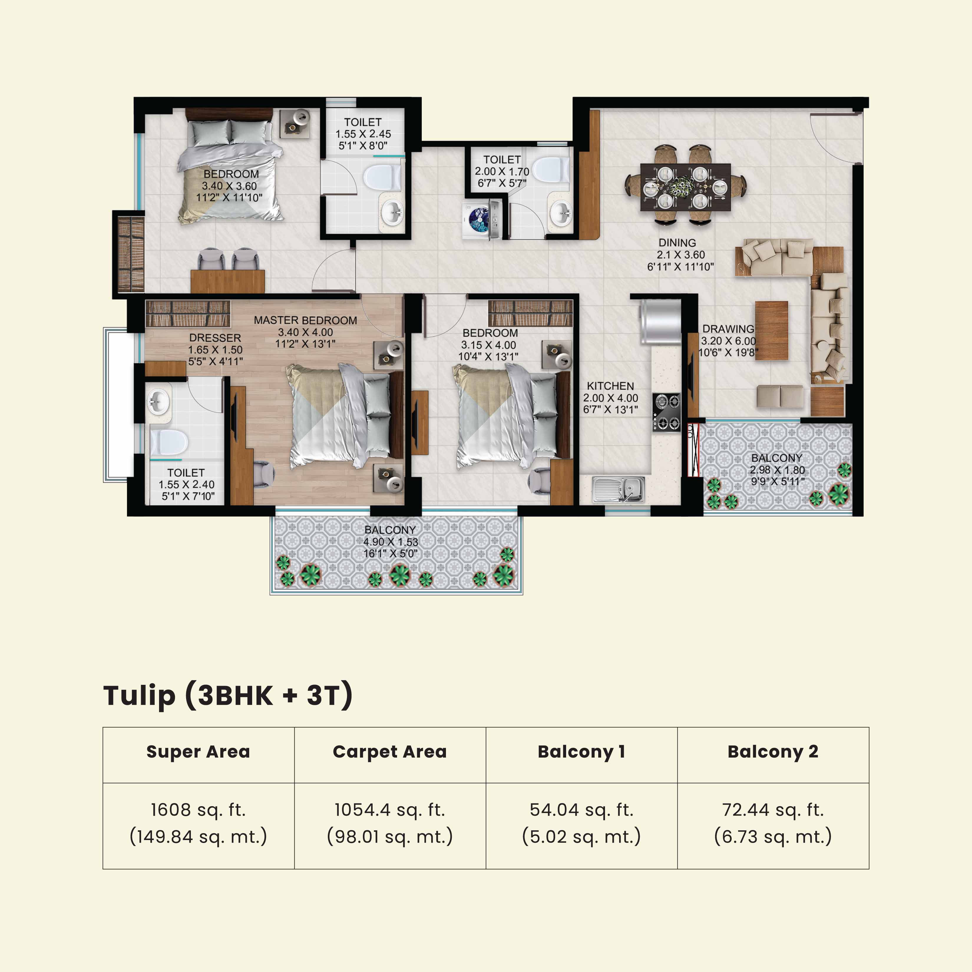 3 BHK + 3 T