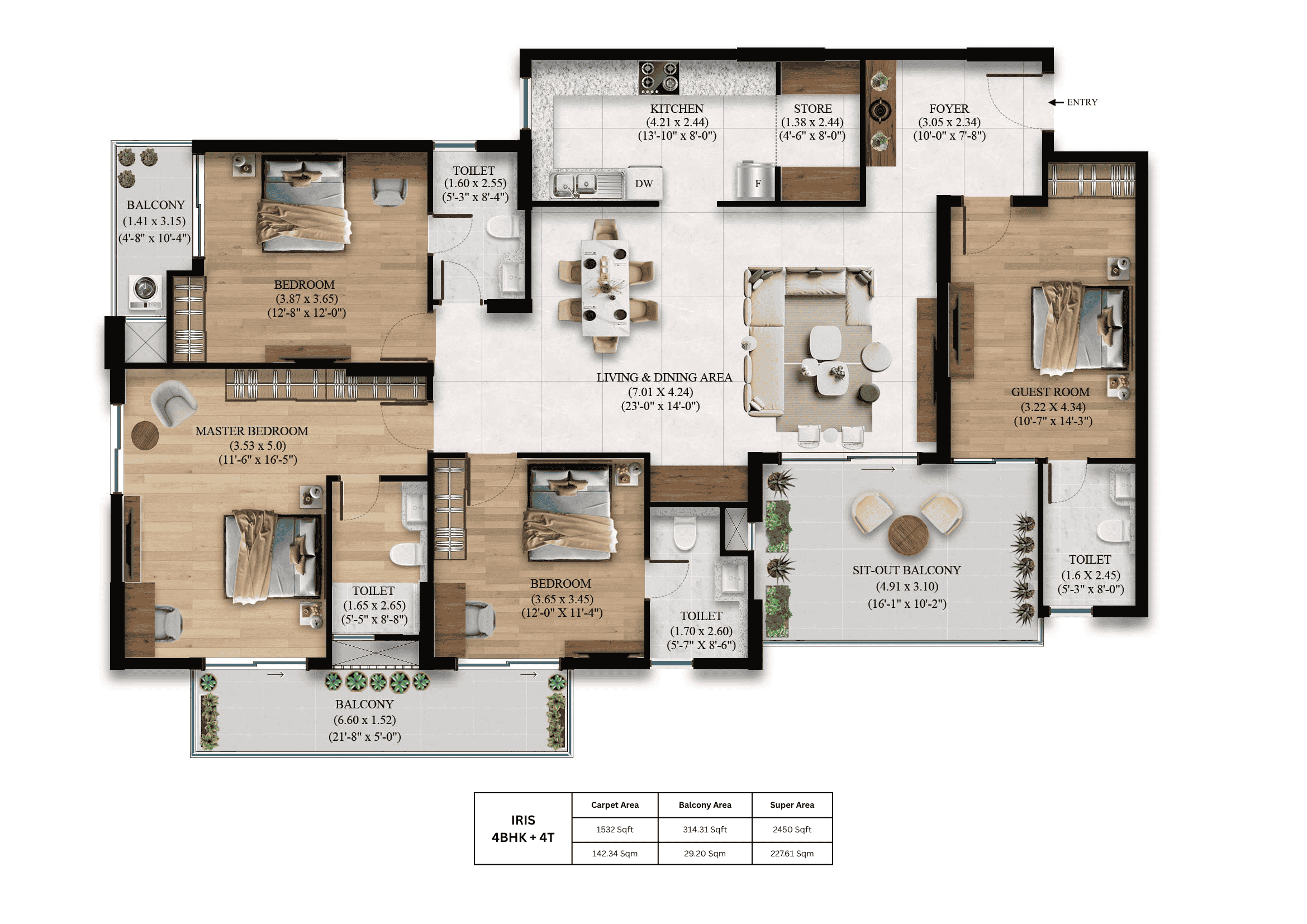 4 BHK + 4 T